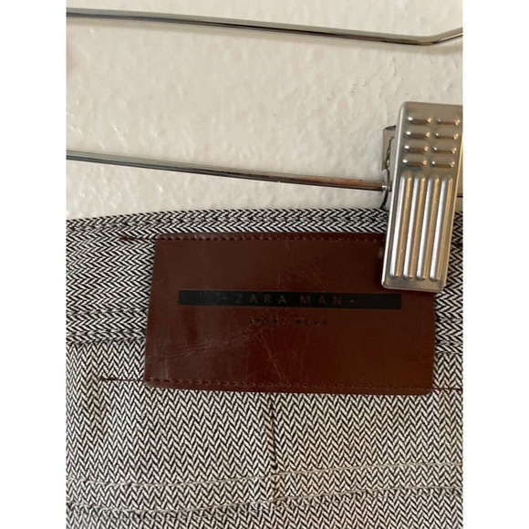 Zara Man Size 34 Flat Front Herringbone Trouser Pants Pocket Straight Leg Gray - Picture 8 of 11